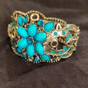 Silver and Turquoise Hinged Floral Statement Bracelet